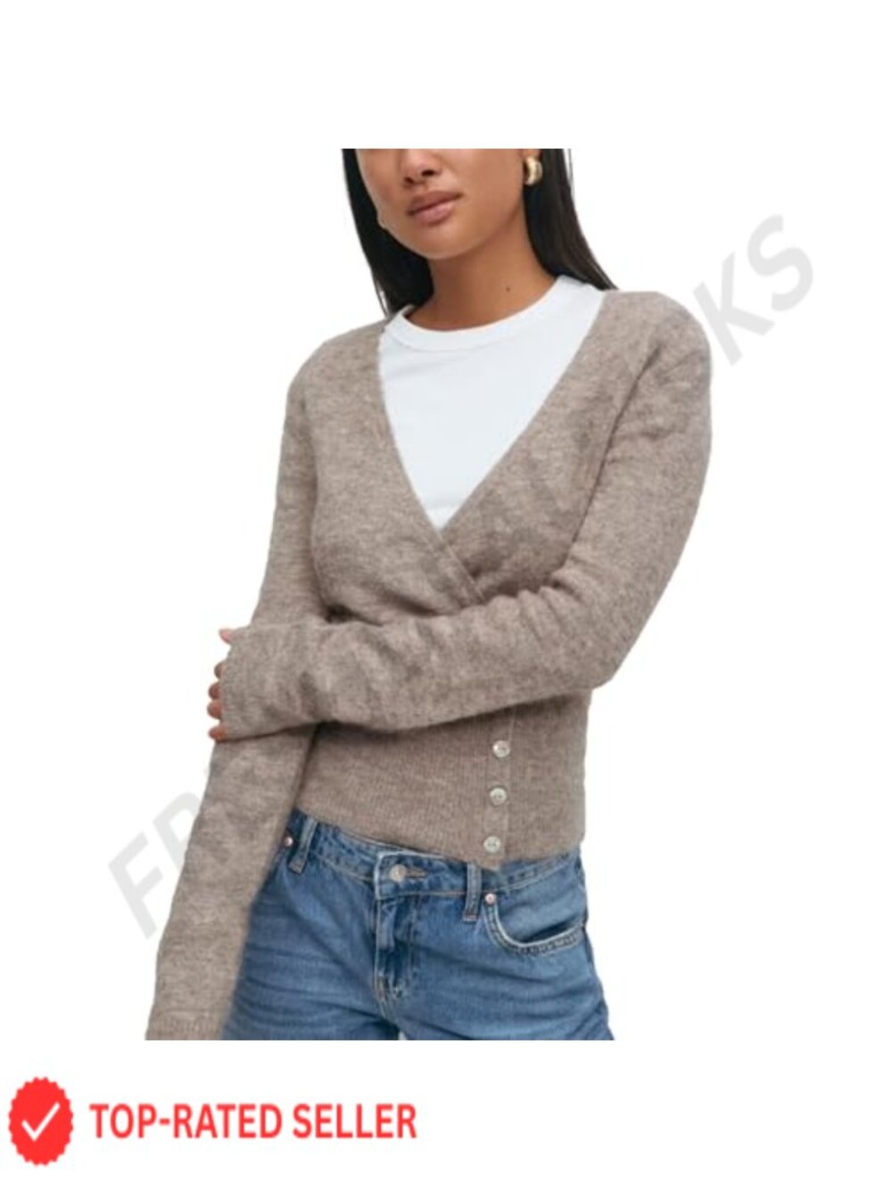 Women's V Neck Wrap Sweater Pullover Side Button Crop Knit Cardigan Long Sleeve